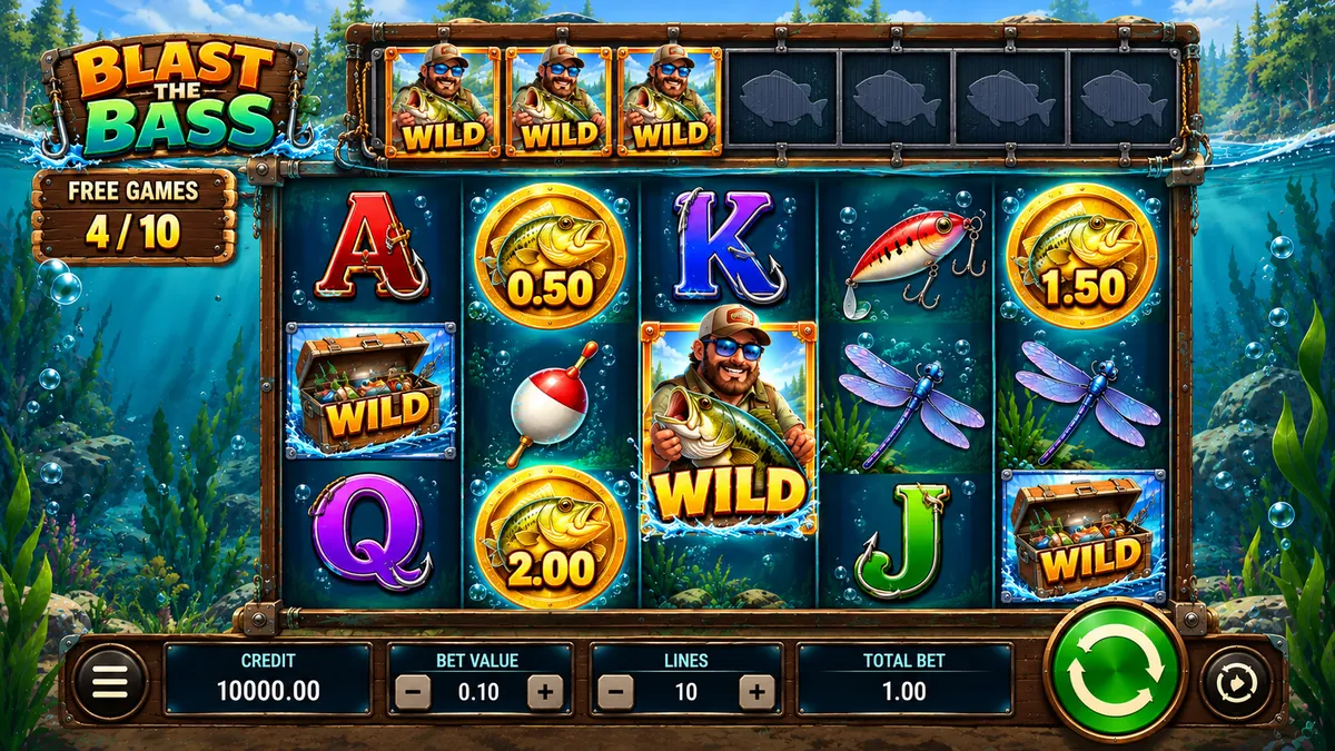 Blast the Bass Free Games: lukustatud Wildid ülemisel paneelil ja Fish Coin'id rullidel